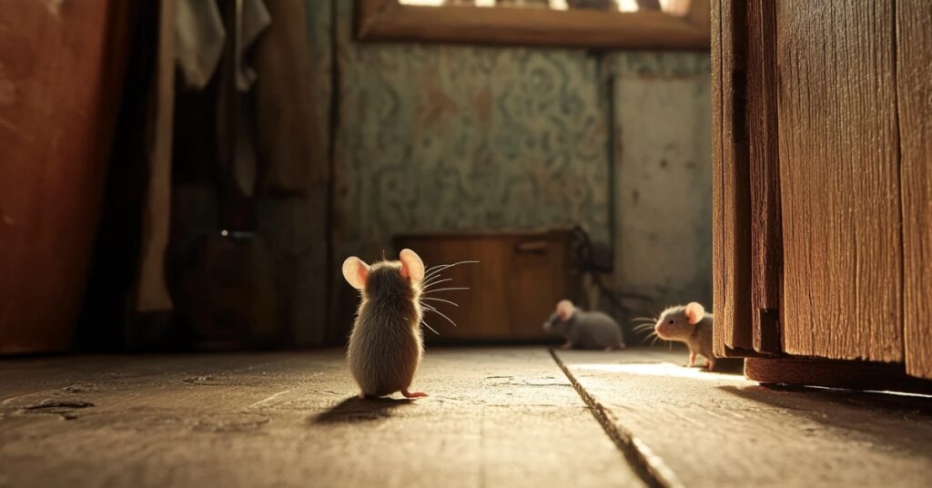 a tiny mouse with others following