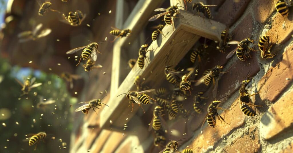 wasps swarming a brick building
