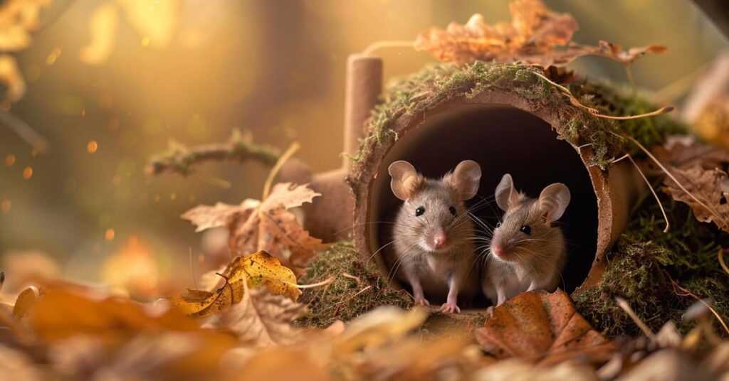 mice outside in the fall inside a log