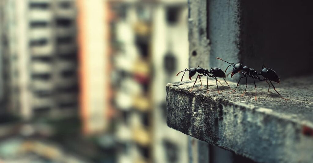 black ants on a building ledge