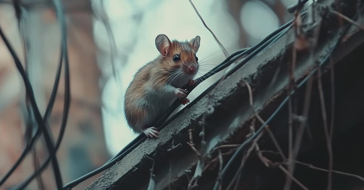 mouse on top of building grawing on wire