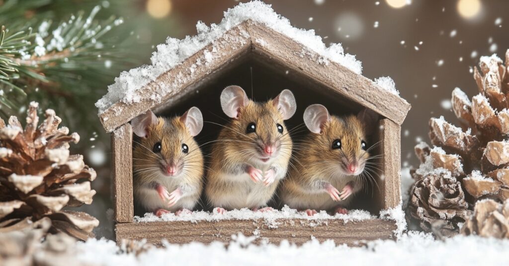 mice in wooden house with snow, concept of pest control plans in 2025