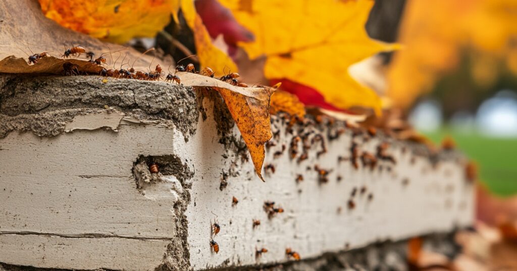 termites eating wood in the fall