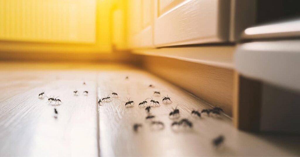 tiny ants on floor under cabinet, concept of, hiring an exterminator for ants