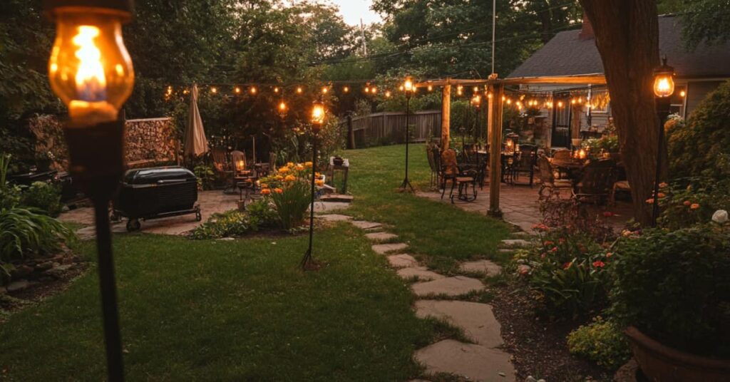 backyard bbq in NH with string lights and tiki torches