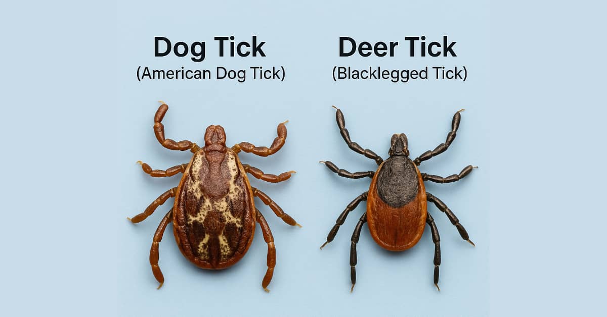 words Dog Tick (American Dog Tick) and Deer Tick (Blacklegged Tick) with photo of each