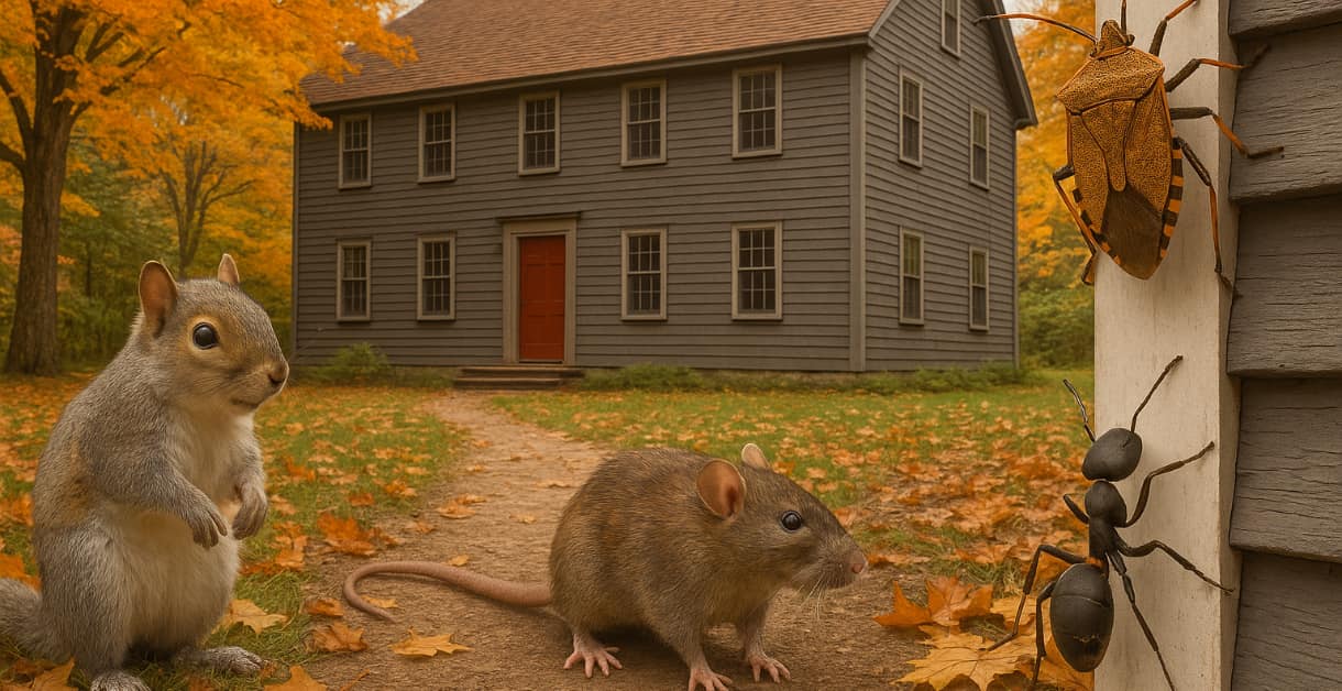 2 rodents, stink bug, carpenter ant, house, leaves on ground, concept of fall pest problems