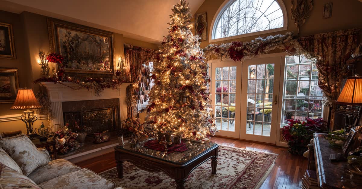decorated christmas tree in living room, double door with windows, concept of christmas tree bugs to watch for
