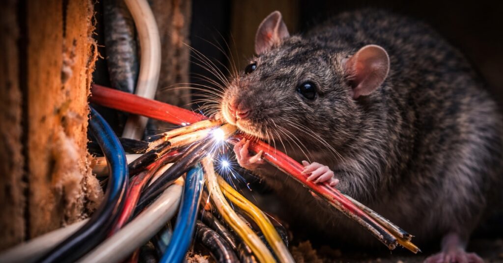 rodent chewing electrical wires, concept of Winter Rodent Infestation warning signs