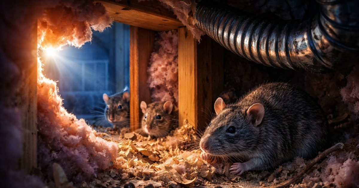 rodents in attic in insulation, concept of Winter Rodent Infestation warning signs