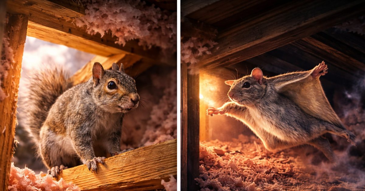 squirrel and flying squirrel in house in attic, representing the differences between Squirrels and Flying Squirrels in a blog