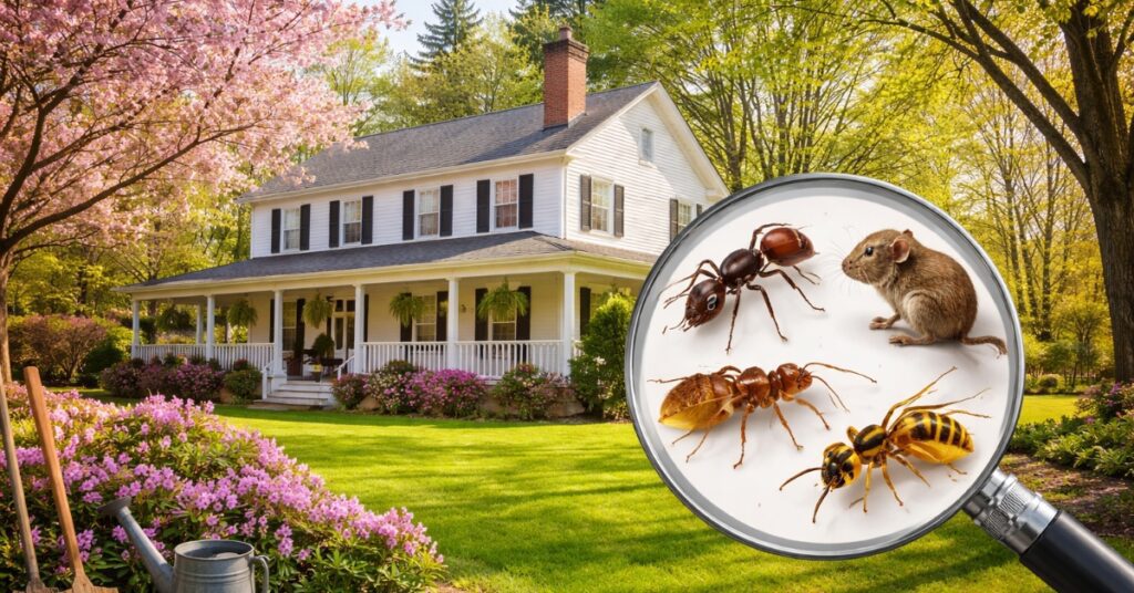 Springtime colonial home with pests magnified, representing seasonalal pest control guide by Garfield Pest Control in NH