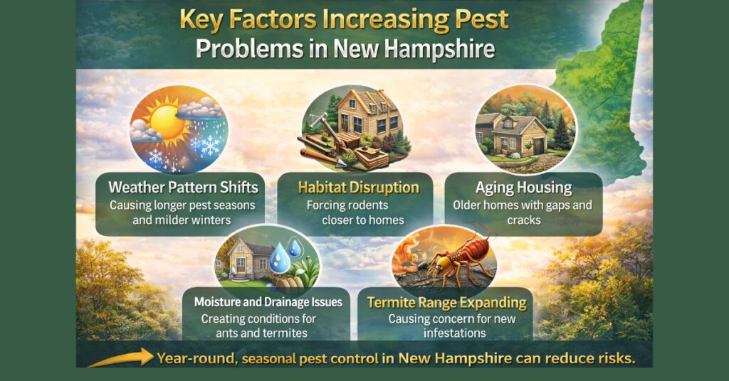 Infographic showing key factors increasing pest problems in New Hampshire including termite range expansion, moisture issues, aging homes, and habitat disruption.