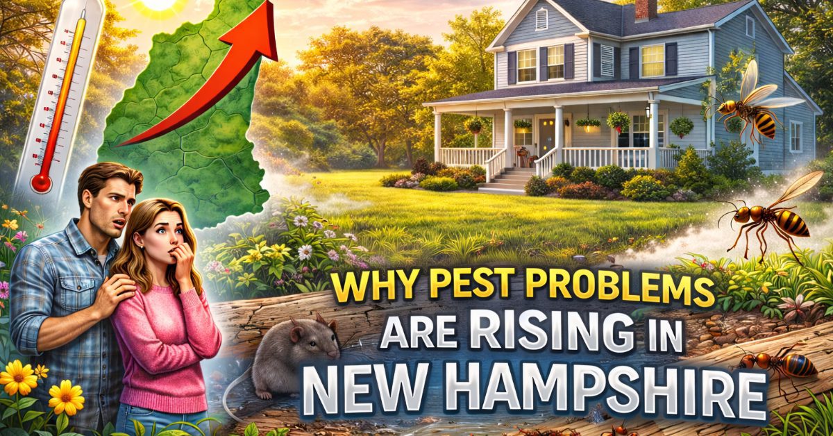 couple frustrated looking at house, map of new hampshire, words why pest problems are rising in new hampshire