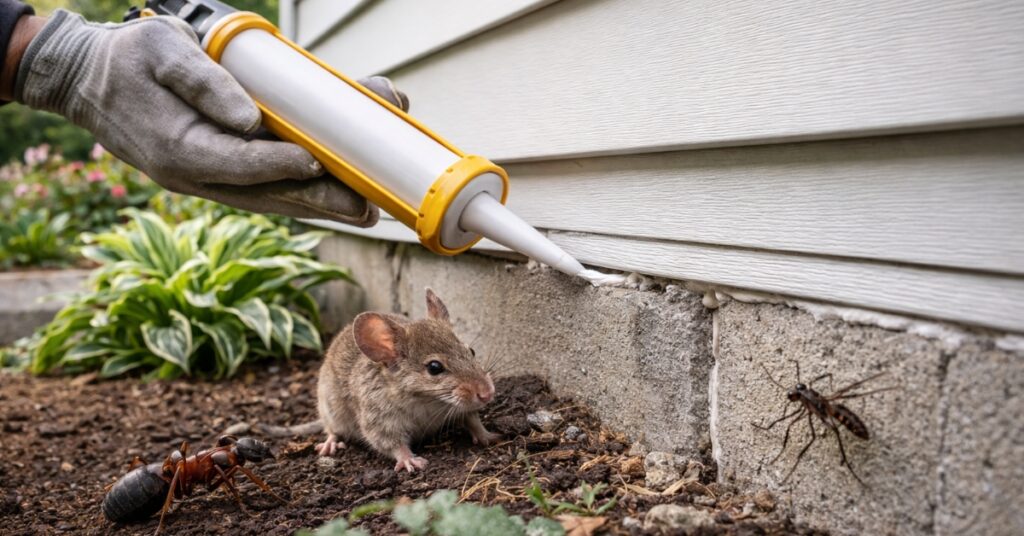 rodent and hand sealing cracks in foundation