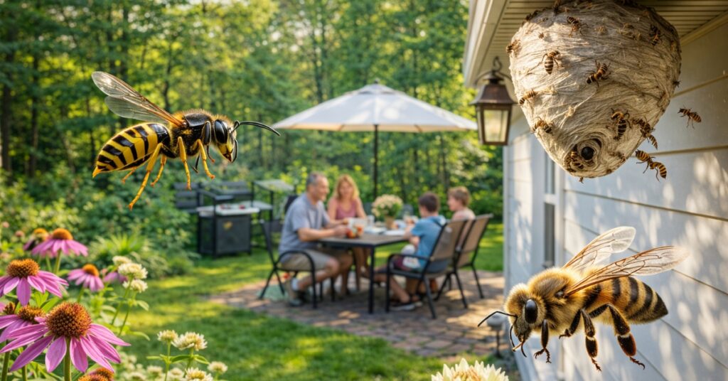 family eating outdoors with pests, representing seasonal pest control by Garfield Pest Control in NH