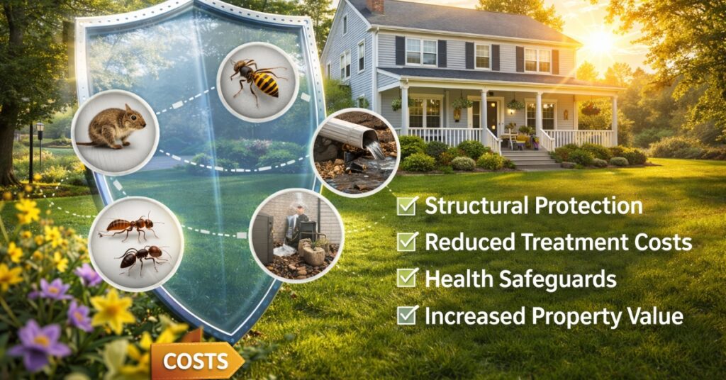check marks showing structural protection, costs, health safeguards, increased property value with 5 pest images