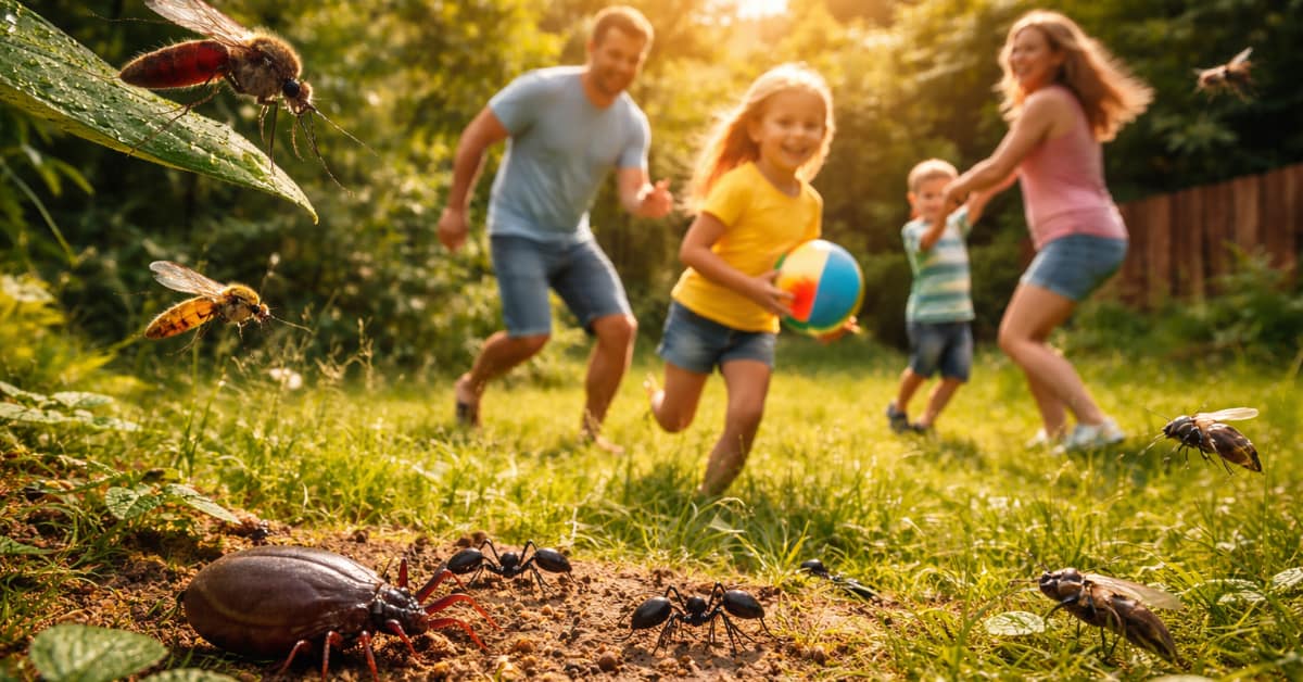 family with pests in yard concept of needing summer pest control